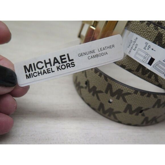 Michael Kors 556180C Women Sz M Reversible LEATHER Luggage Brown Logo MK Belt - Picture 6 of 10